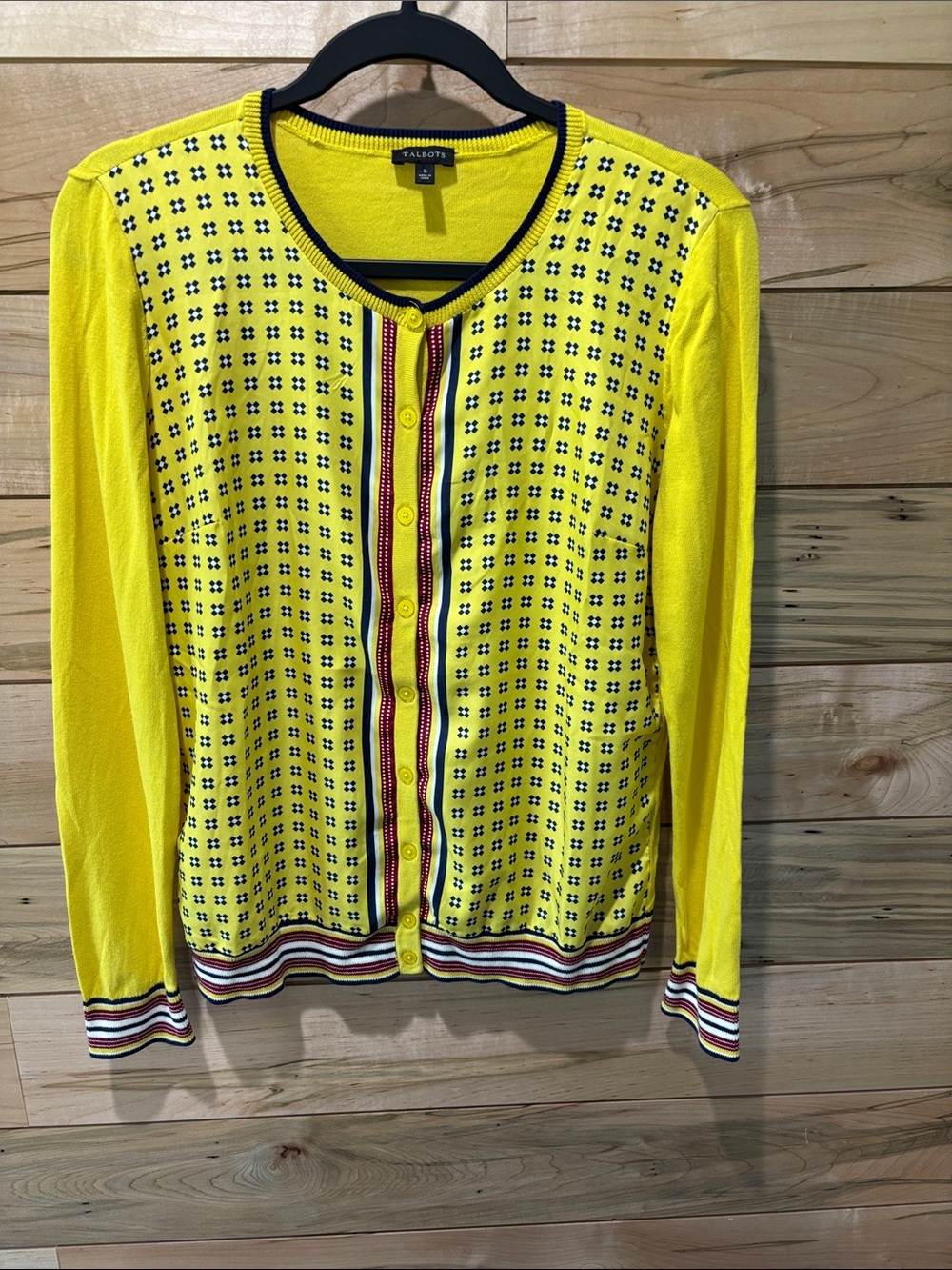 Talbots Yellow Cardigan with Navy and Red Trim